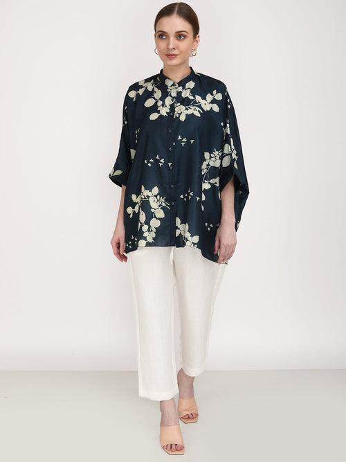 Petal Print Silk Shirt with Ivory Pants