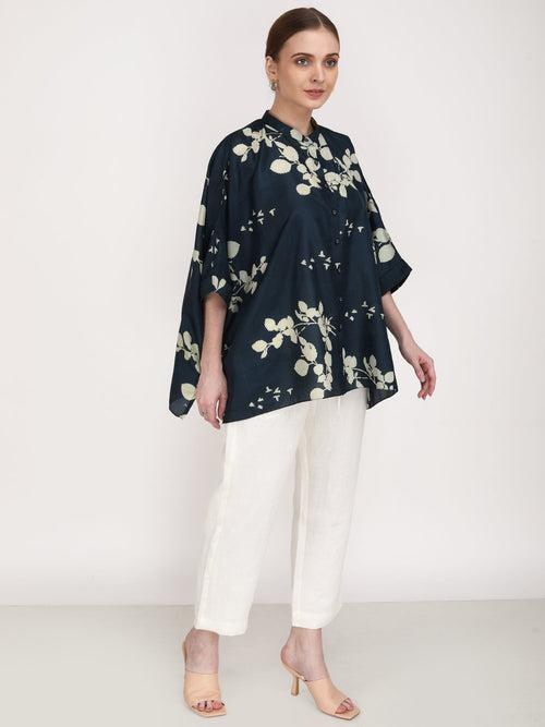 Petal Print Silk Shirt with Ivory Pants