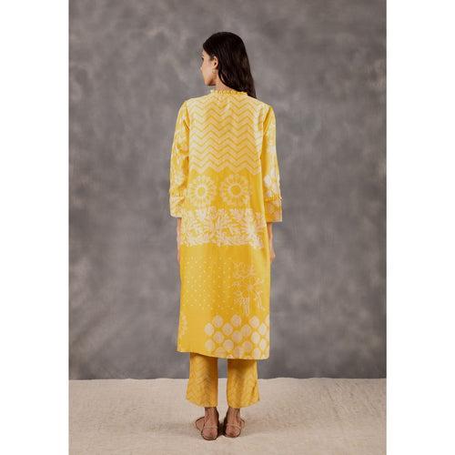 Yellow Multi Block print straight tunic with pants