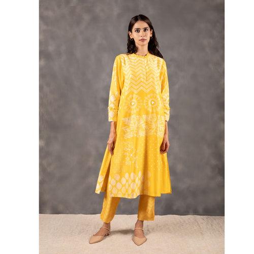 Yellow Multi Block print straight tunic with pants