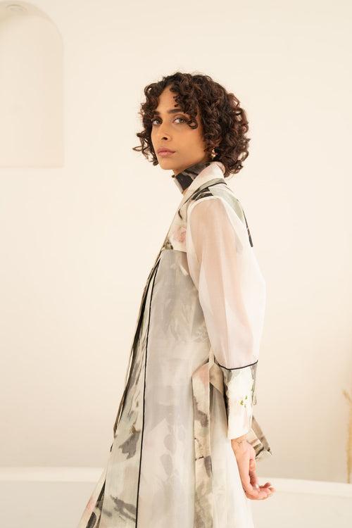 Vidya Balan | Ivory Organza Panel Jacket + Scattered Petals Linen Dress