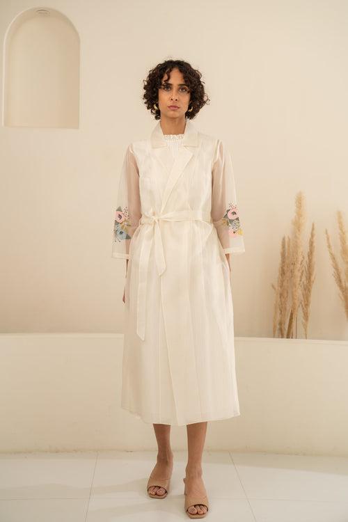 IVORY ORGANZA JACKET + IVORY STRIPE CHANDERI DRESS