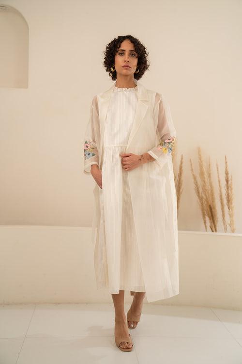 IVORY ORGANZA JACKET + IVORY STRIPE CHANDERI DRESS