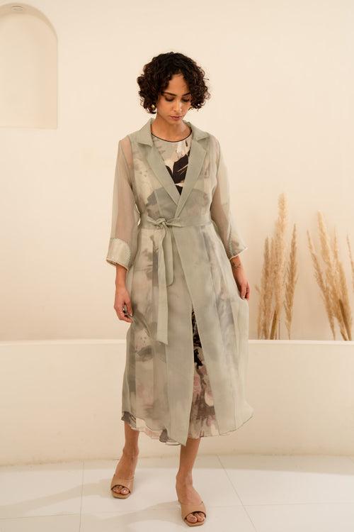 MINT ORGANZA SOLID JACKET + SCATTERED PETALS LINEN JUMPSUIT