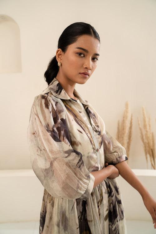 SCATTERED PETALS ORGANZA JACKET + PRINTED JUMPSUIT