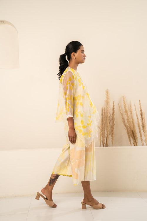 YELLOW ORGANZA PETAL PRINTED JACKET + PRINTED JUMPSUIT