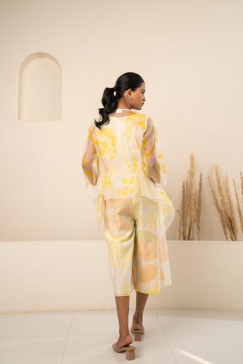 YELLOW ORGANZA PETAL PRINTED JACKET + PRINTED JUMPSUIT