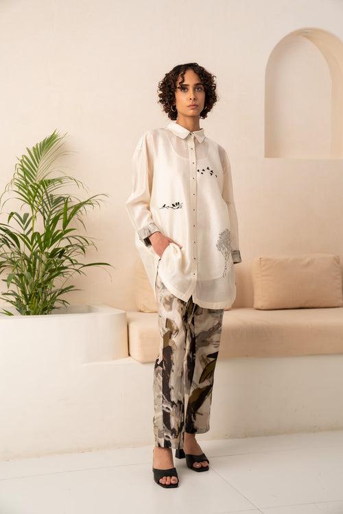 IVORY EMBROIDERED CHANDERI SHIRT + PRINTED PANTS