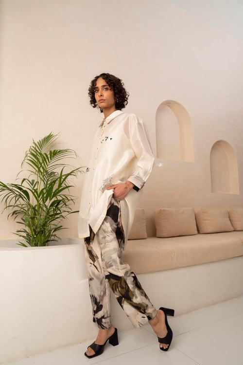 IVORY EMBROIDERED CHANDERI SHIRT + PRINTED PANTS