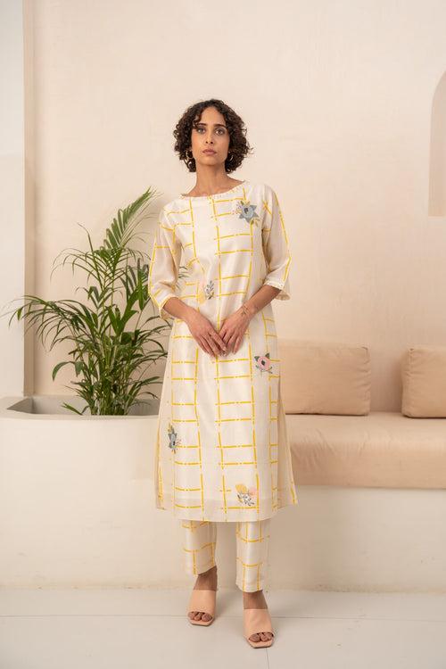 IVORY AND YELLOW CHECKS CHANDERI TUNIC AND CHECKS PANT