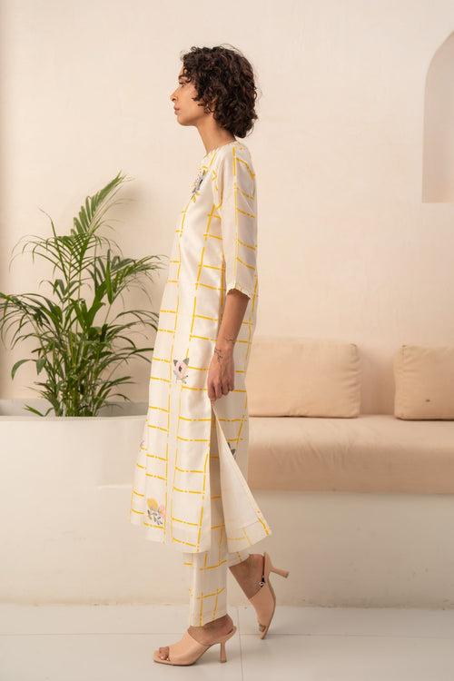 IVORY AND YELLOW CHECKS CHANDERI TUNIC AND CHECKS PANT