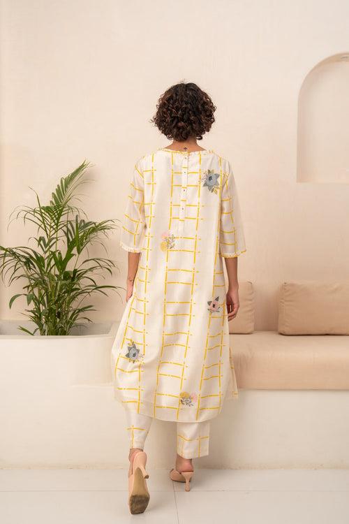 IVORY AND YELLOW CHECKS CHANDERI TUNIC AND CHECKS PANT