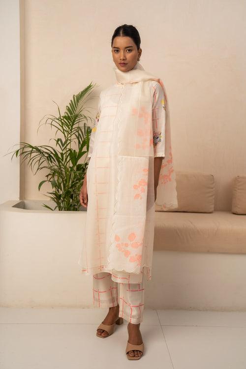 IVORY AND PINK CHECKS DOUBLE LAYER TUNIC AND PANT WITH DUPATTA