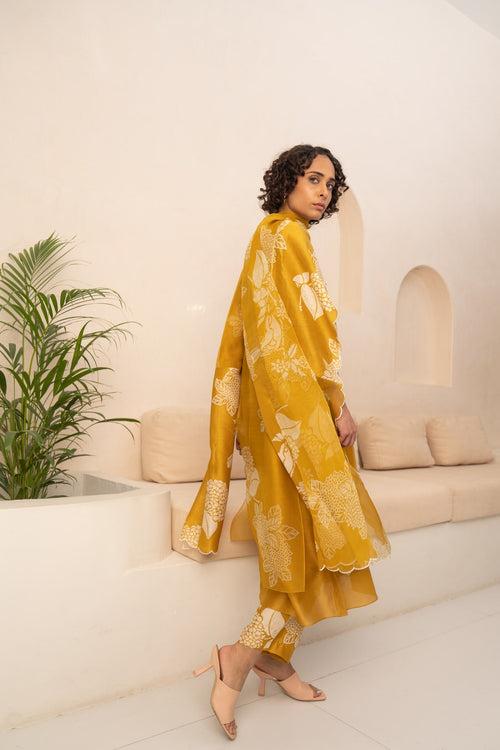 OCHRE FLORAL DOUBLE LAYERED TUNIC AND PANT