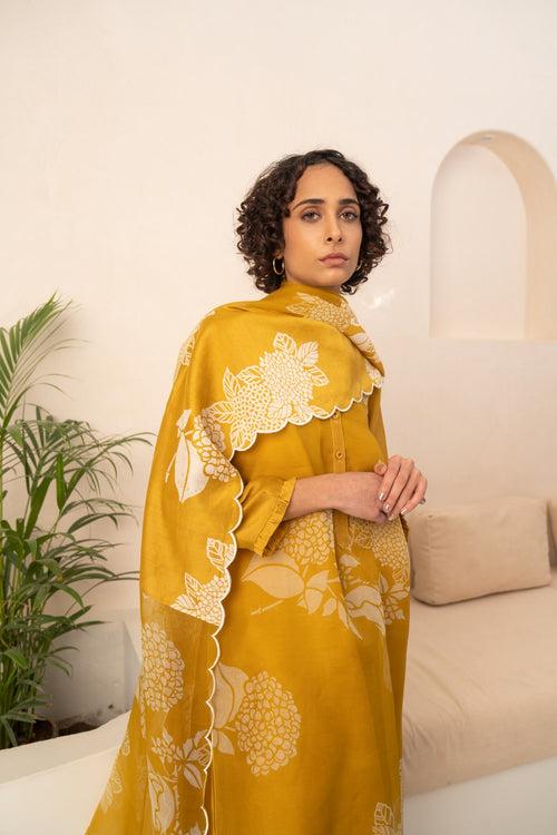 OCHRE FLORAL DOUBLE LAYERED TUNIC AND PANT