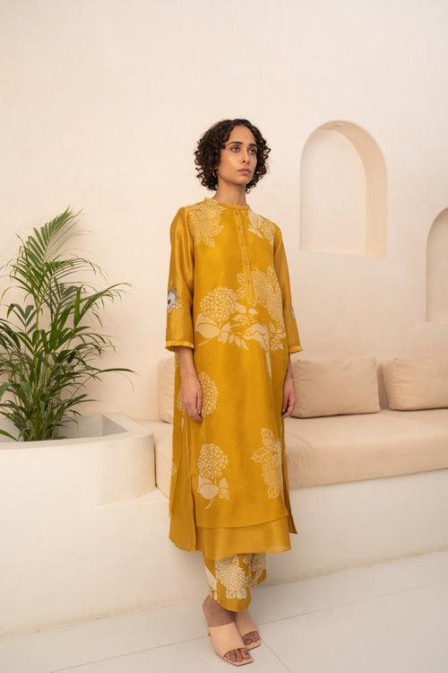 OCHRE FLORAL DOUBLE LAYERED TUNIC AND PANT