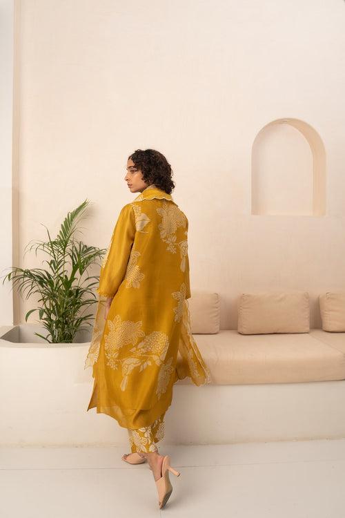 OCHRE FLORAL DOUBLE LAYERED TUNIC AND PANT WITH DUPATTA