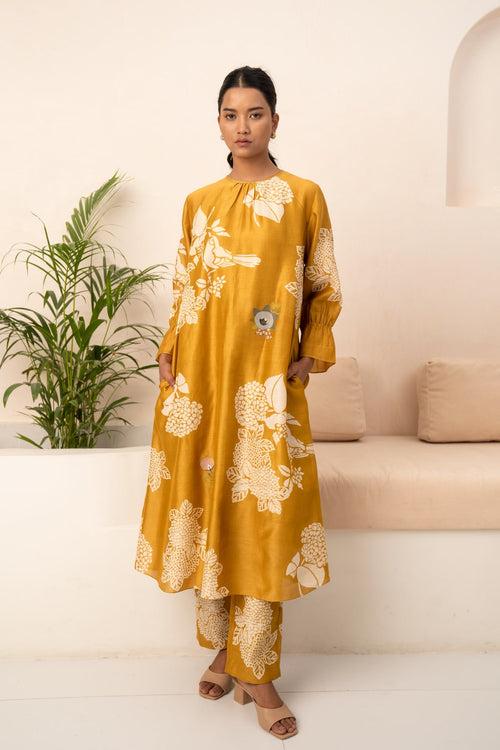 OCHRE FLORAL PRINTED TUNIC AND PANT WITH DUPATTA