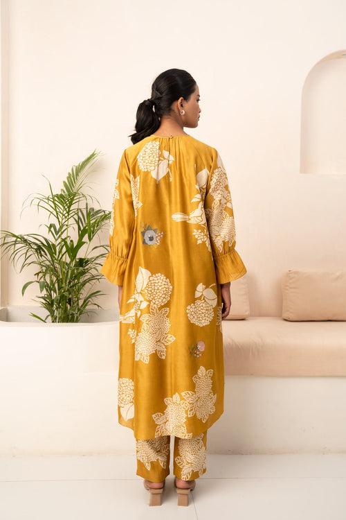 OCHRE FLORAL PRINTED TUNIC AND PANT WITH DUPATTA