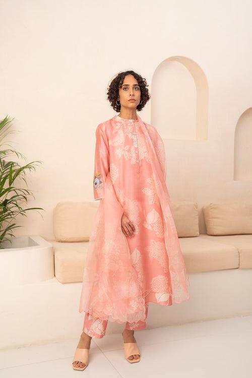 PINK FLORAL DOUBLE LAYERED TUNIC AND PANT WITH DUPATTA