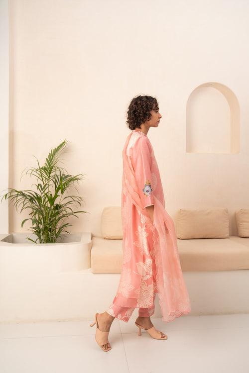 PINK FLORAL DOUBLE LAYERED TUNIC AND PANT WITH DUPATTA