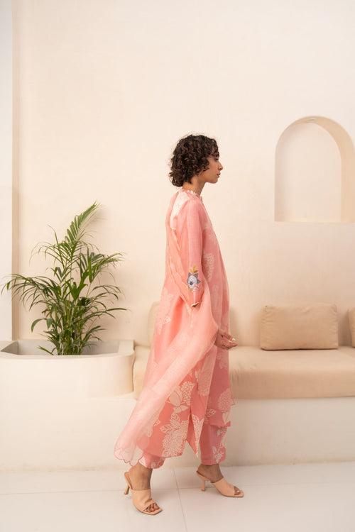 PINK FLORAL DOUBLE LAYERED TUNIC AND PANT WITH DUPATTA