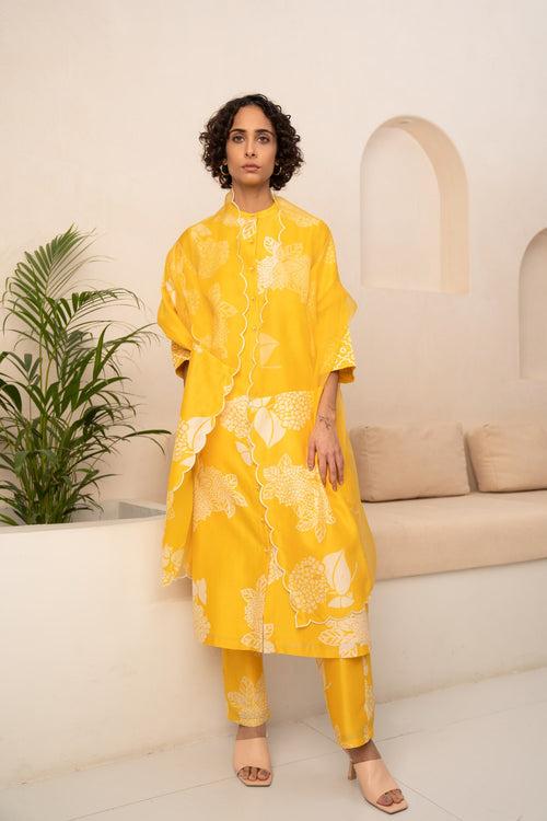 YELLOW FLORAL PRINTED TUNIC AND PANT