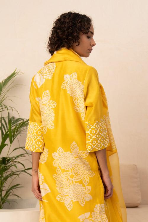 YELLOW FLORAL PRINTED TUNIC AND PANT WITH DUPATTA