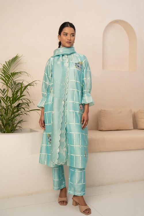 MINT CHECKS PRINTED TUNIC AND PANT WITH DUPATTA