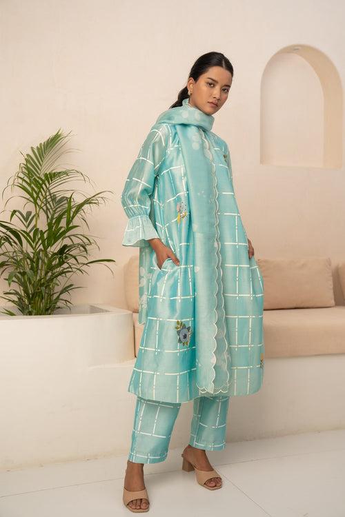 MINT CHECKS PRINTED TUNIC AND PANT WITH DUPATTA