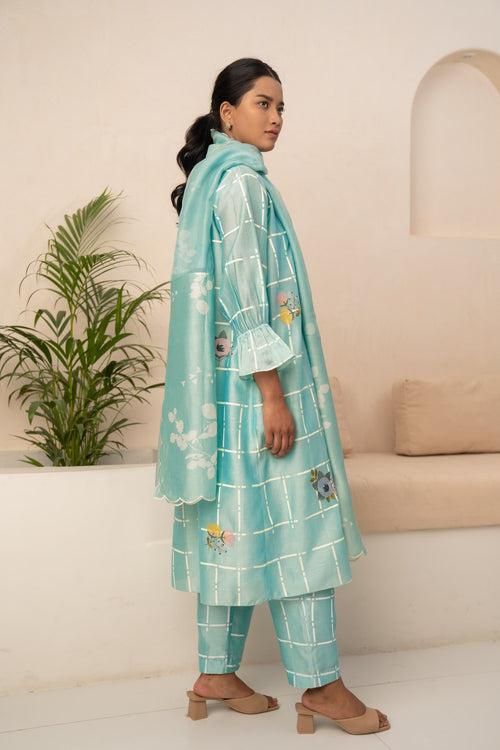 MINT CHECKS PRINTED TUNIC AND PANT WITH DUPATTA