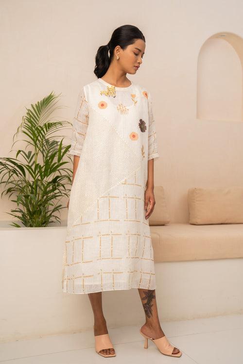 IVORY EMBROIDERED CHECKS LINEN DRESS