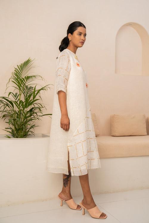 IVORY EMBROIDERED CHECKS LINEN DRESS