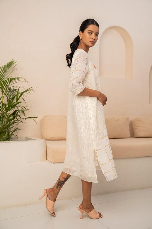 IVORY EMBROIDERED CHECKS LINEN DRESS