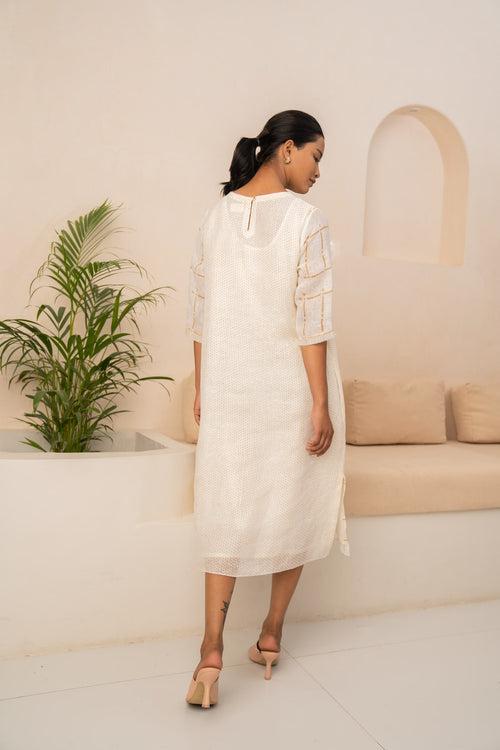 IVORY EMBROIDERED CHECKS LINEN DRESS