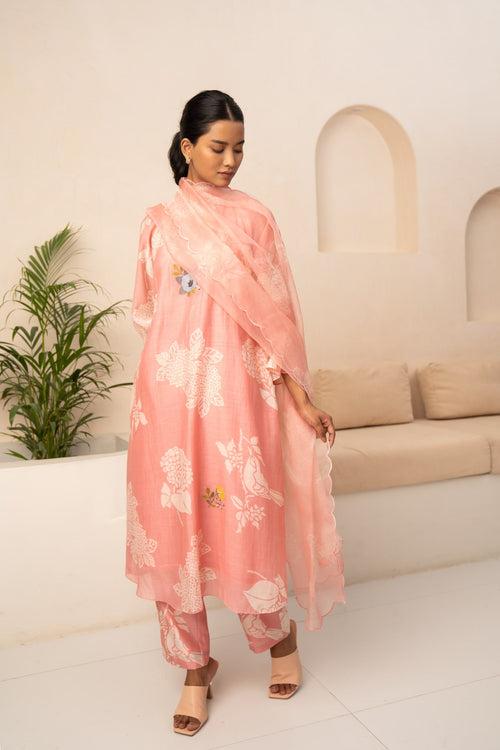 PINK FLORAL PRINTED TUNIC  AND PANT WITH DUPATTA