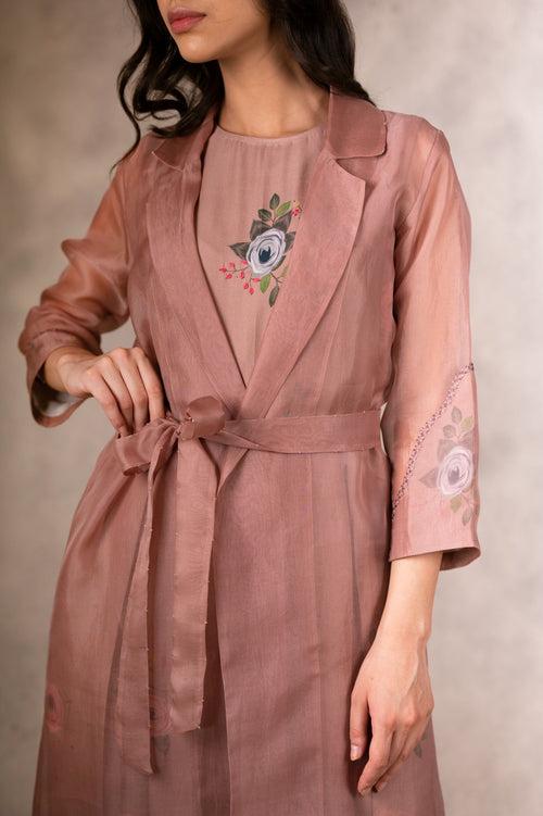 Almond Eden Print Top  Jumpsuit And Jacket Set In  Bemberg And Silk Organza  With Hand Embroidery Details