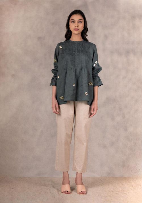 Forest Green Hand Embroidered Pin Tuck Top In Linen