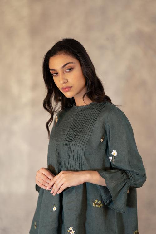 Forest Green Hand Embroidered Pin Tuck Top In Linen