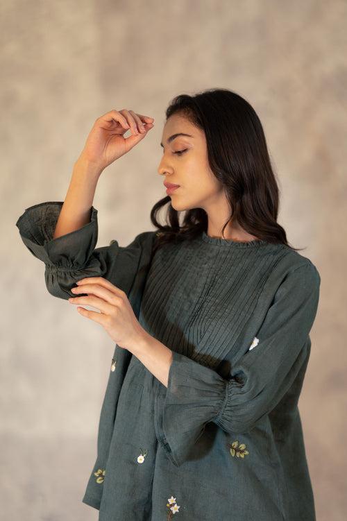 Forest Green Hand Embroidered Pin Tuck Top In Linen