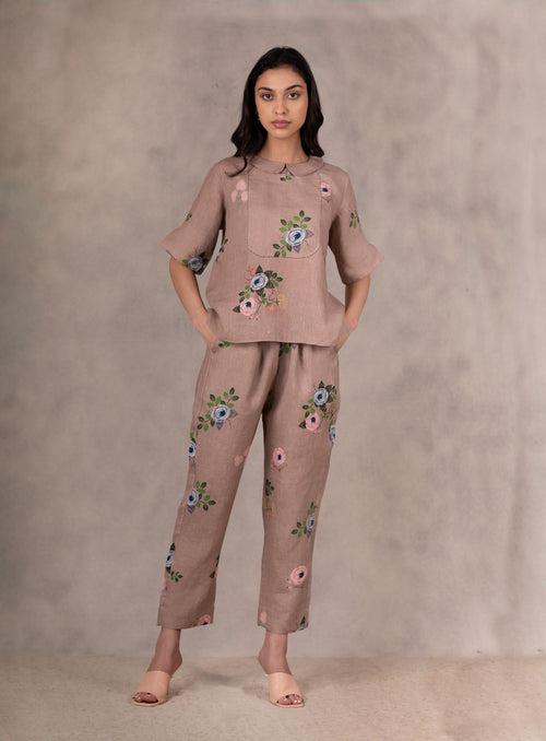 Eden Print Co- Ord Set In Linen With Hand Embroidery Details