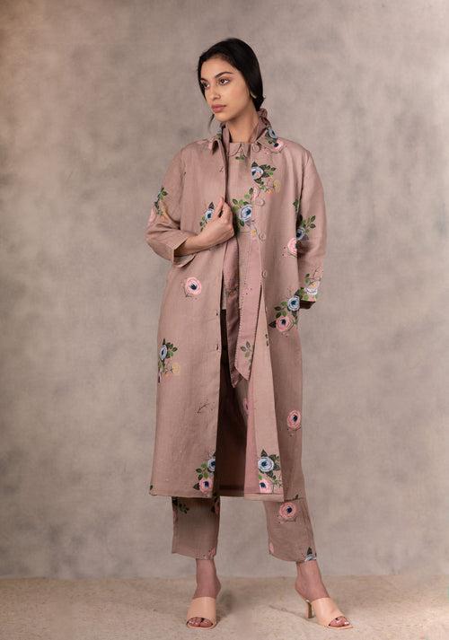 Almond Eden Print Top  , Pants And Jacket Set   In Linen With Hand Embroidery Details