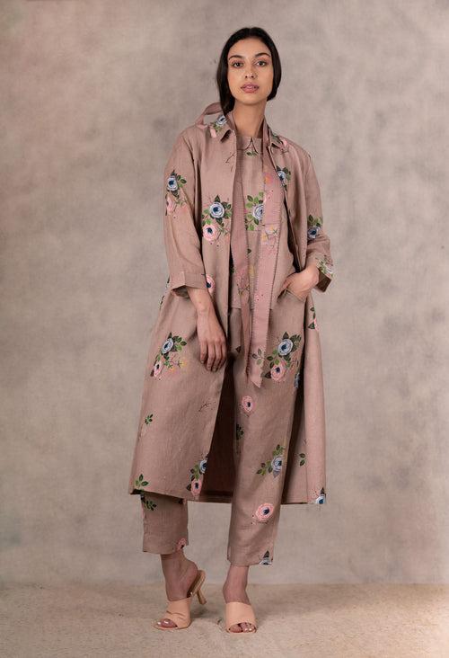 Almond Eden Print Top  , Pants And Jacket Set   In Linen With Hand Embroidery Details