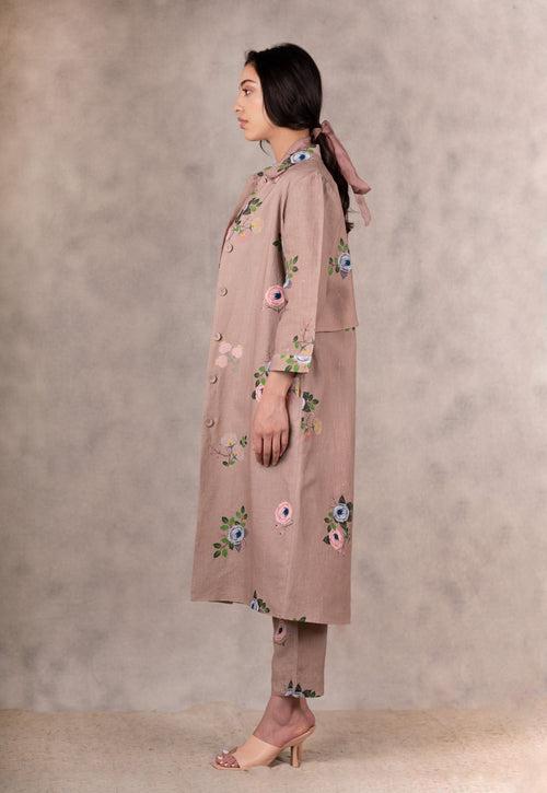 Almond Eden Print Top  , Pants And Jacket Set   In Linen With Hand Embroidery Details