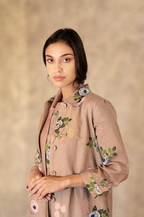 Almond Eden Print Top  In Linen With Hand Embroidery Details