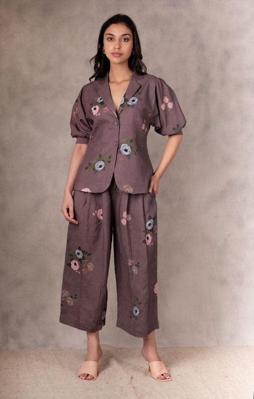 Grape Berry Eden Print  Jacket And Culottes    In Linen With Hand Embroidery Details