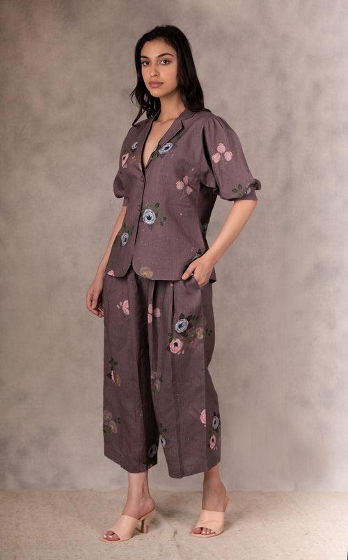 Grape Berry Eden Print  Jacket And Culottes    In Linen With Hand Embroidery Details