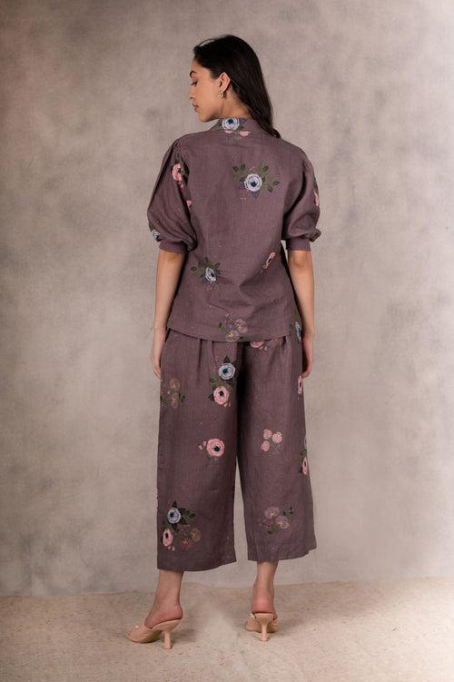 Grape Berry Eden Print  Jacket And Culottes    In Linen With Hand Embroidery Details