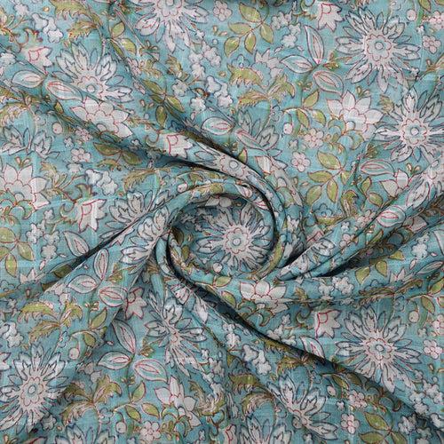 Beautiful Green and White Floral Digital Printed Linen Fabric