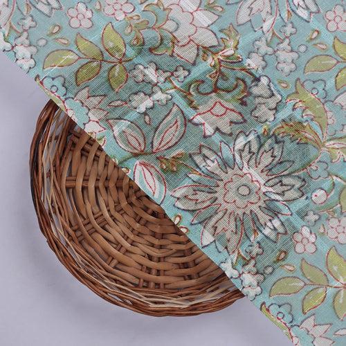 Beautiful Green and White Floral Digital Printed Linen Fabric